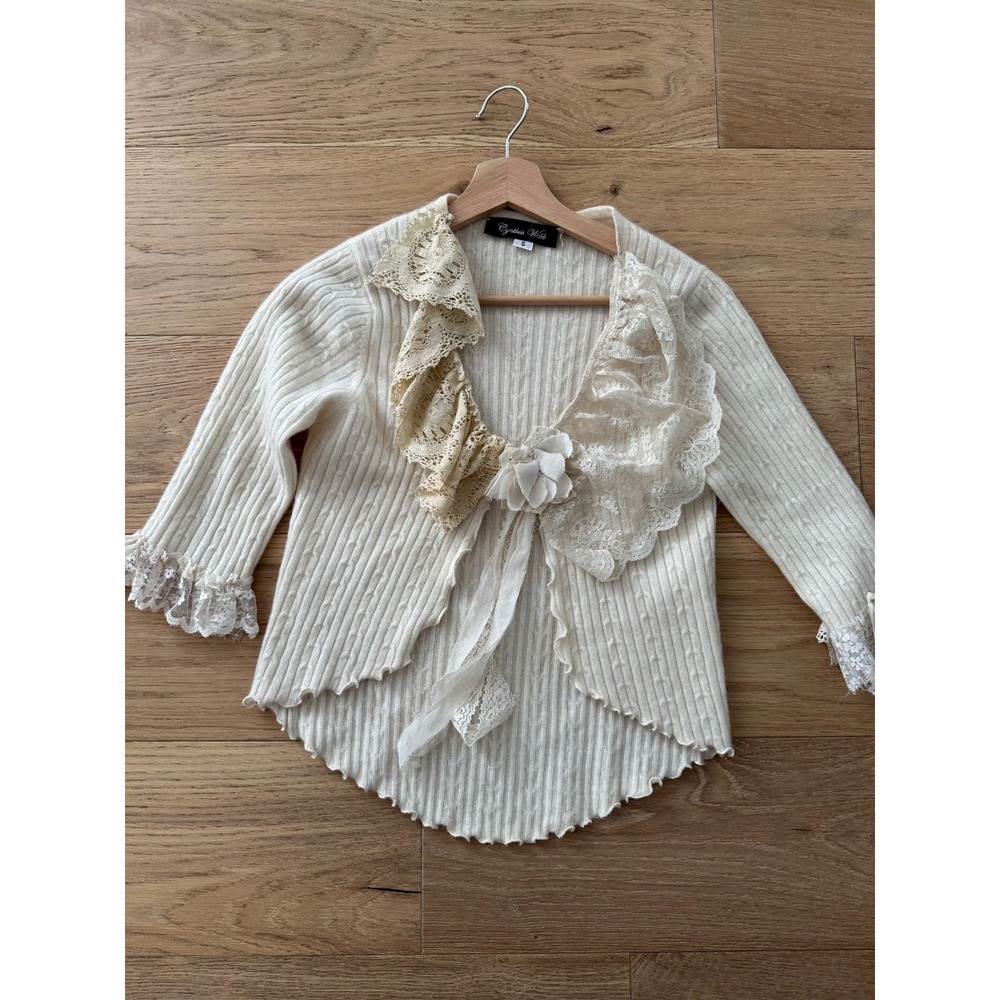 Cynthia‎ Webb Upcycled Lace Ruffle Cardigan - Cashmere Feel  - Size Small
